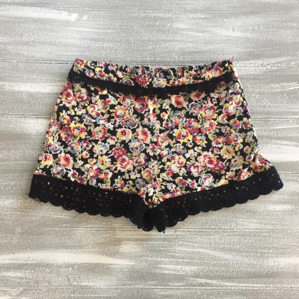 Floral Shorts with Black Embroidered Trim